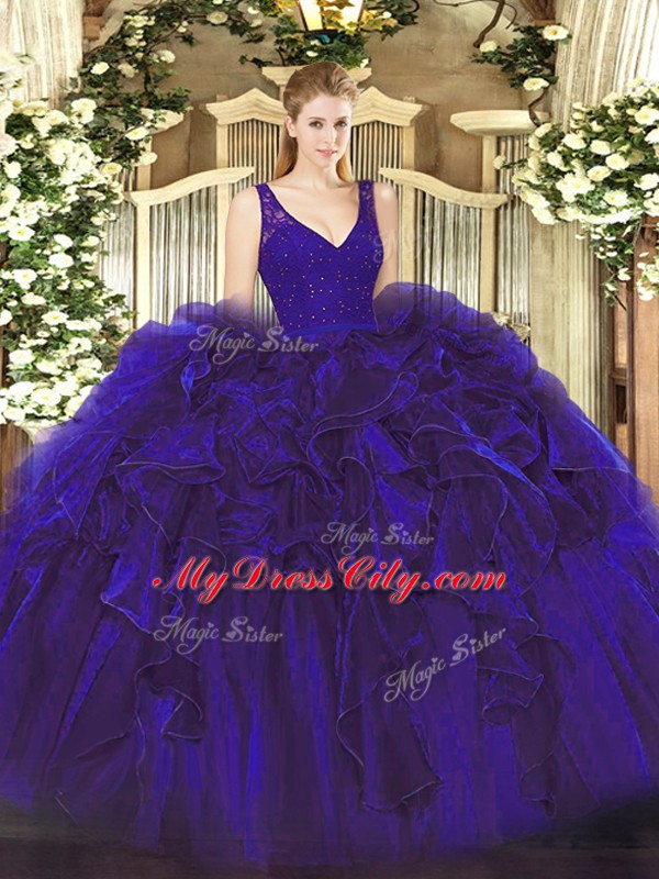 Purple Ball Gowns Organza V-neck Sleeveless Beading and Lace and Ruffles Floor Length Backless Sweet 16 Dress