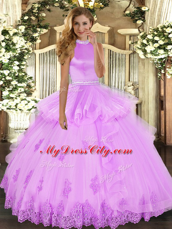 Lilac Halter Top Backless Beading and Ruffles Quinceanera Dresses Sleeveless