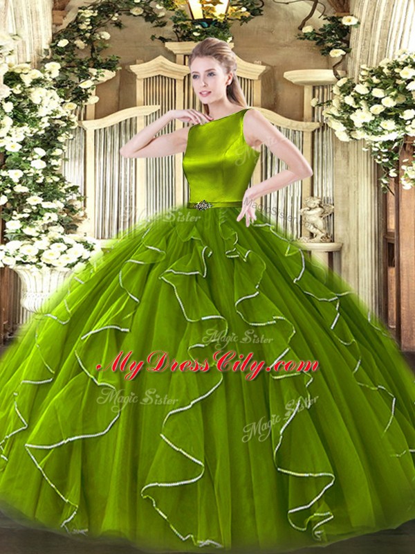 Enchanting Olive Green Sweet 16 Dress Military Ball and Sweet 16 and Quinceanera with Ruffles Scoop Sleeveless Clasp Handle