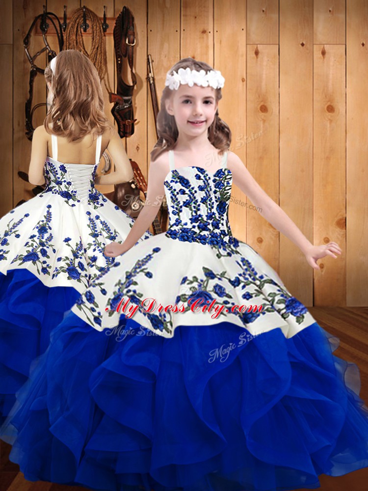 Floor Length Lace Up Pageant Gowns For Girls Royal Blue for Sweet 16 and Quinceanera with Embroidery and Ruffles