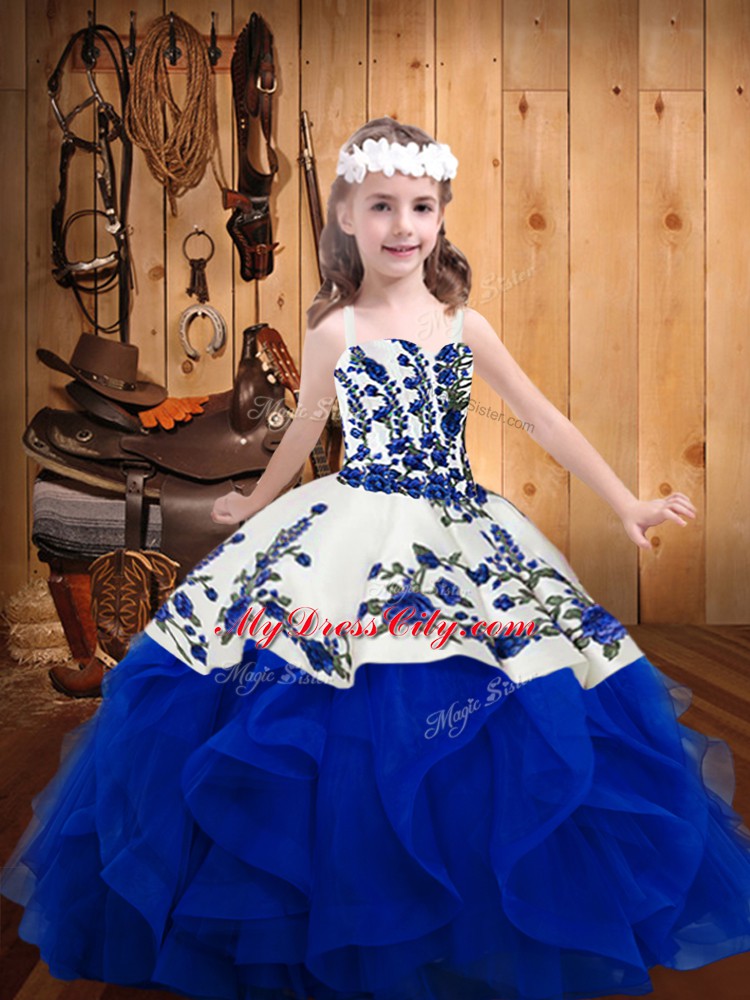 Floor Length Lace Up Pageant Gowns For Girls Royal Blue for Sweet 16 and Quinceanera with Embroidery and Ruffles