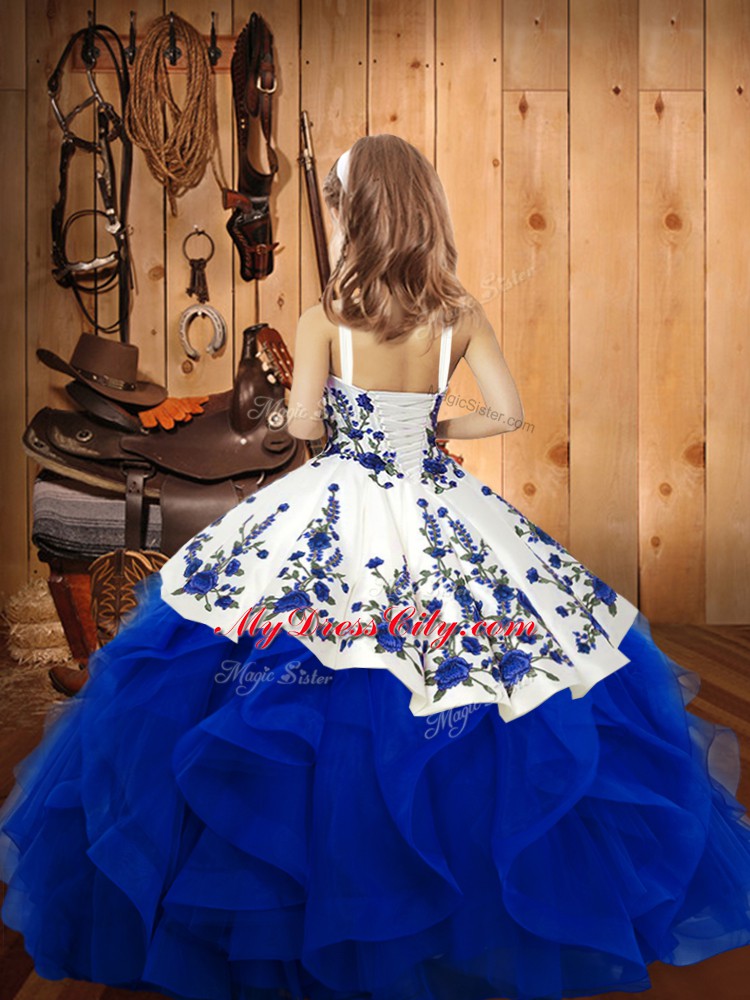 Floor Length Lace Up Pageant Gowns For Girls Royal Blue for Sweet 16 and Quinceanera with Embroidery and Ruffles