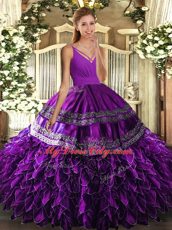 Clearance Eggplant Purple Ball Gown Prom Dress Sweet 16 and Quinceanera with Beading and Appliques and Ruffles V-neck Sleeveless Lace Up