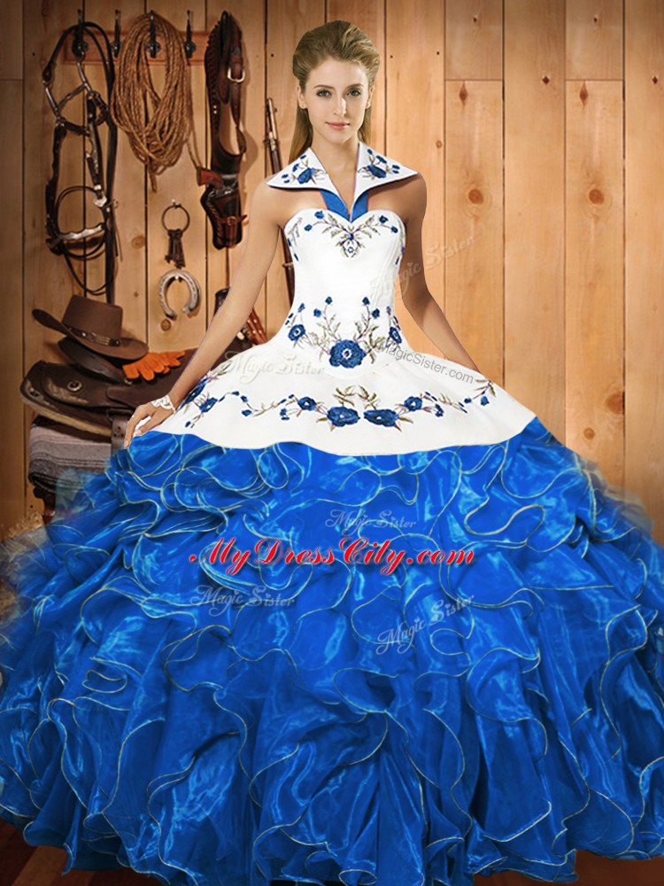 Satin and Organza Halter Top Sleeveless Lace Up Embroidery and Ruffles Quince Ball Gowns in Blue And White