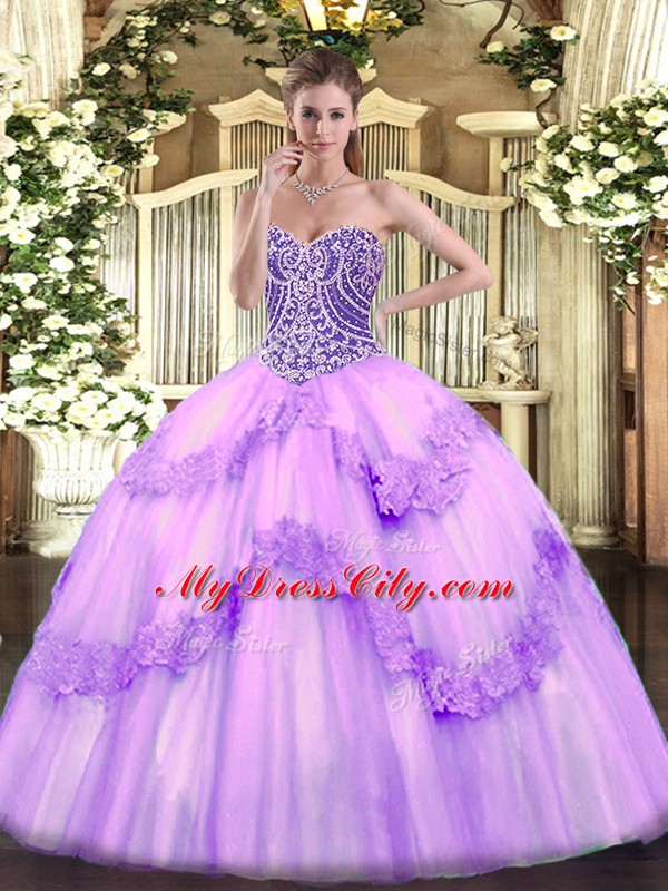 Shining Lavender Ball Gowns Tulle Sweetheart Sleeveless Beading and Appliques Floor Length Lace Up Quince Ball Gowns