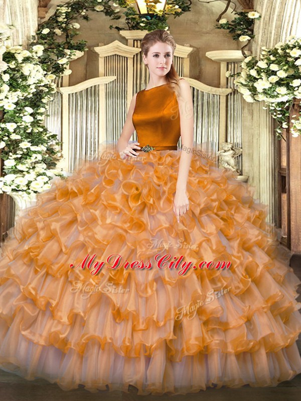 Exquisite Ball Gowns Vestidos de Quinceanera Orange Red Scoop Organza Sleeveless Floor Length Clasp Handle