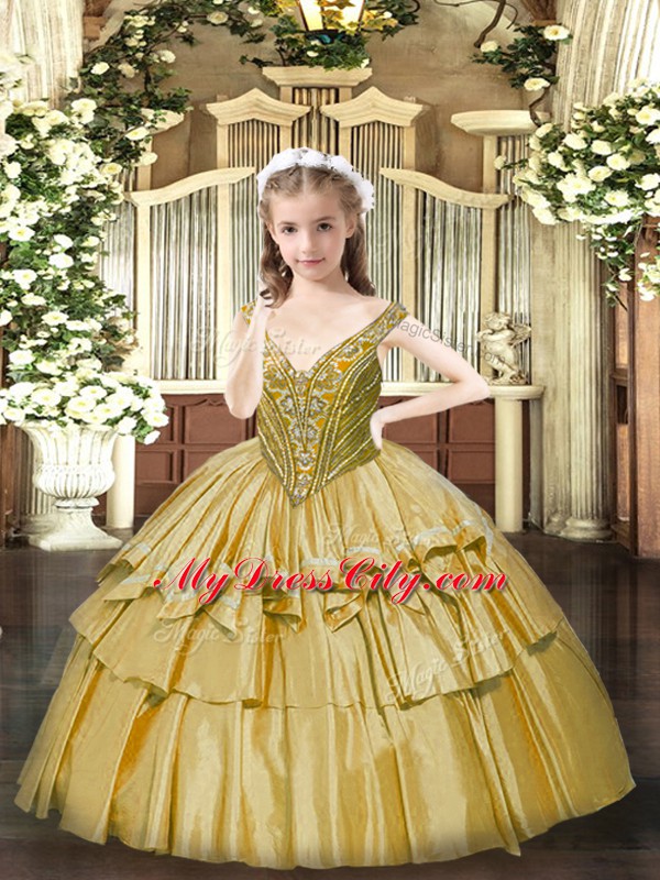 Custom Designed Gold Ball Gowns Organza V-neck Sleeveless Beading and Ruffled Layers Floor Length Lace Up Little Girl Pageant Dress