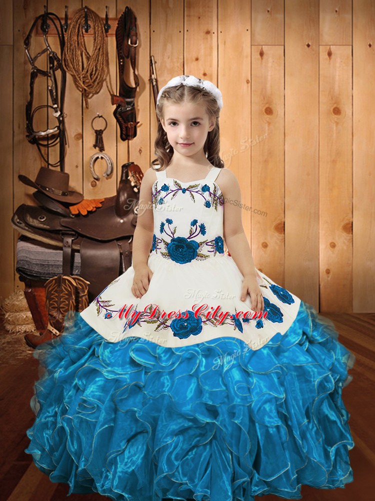 Sleeveless Floor Length Embroidery and Ruffles Lace Up Little Girls Pageant Dress with Baby Blue