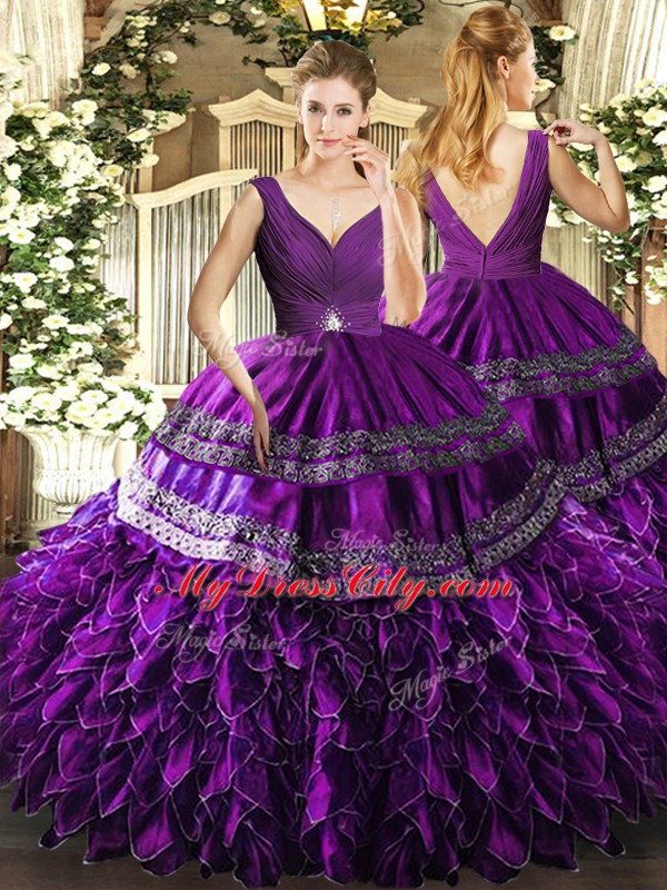 Fine V-neck Sleeveless Backless Quince Ball Gowns Eggplant Purple Organza