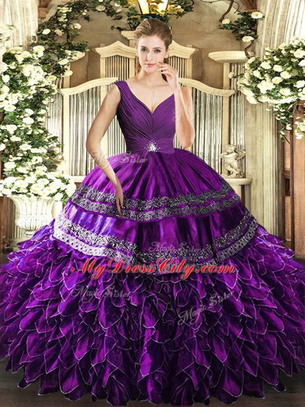 Fine V-neck Sleeveless Backless Quince Ball Gowns Eggplant Purple Organza