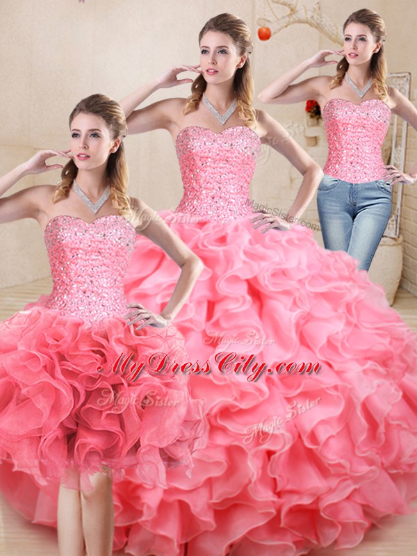 Exquisite Floor Length Watermelon Red 15 Quinceanera Dress Organza Sleeveless Beading and Ruffles