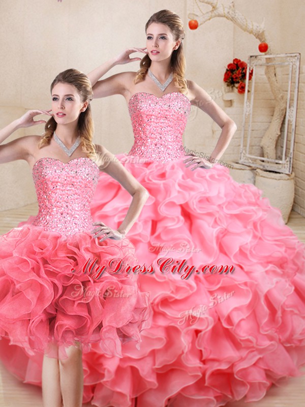 Exquisite Floor Length Watermelon Red 15 Quinceanera Dress Organza Sleeveless Beading and Ruffles