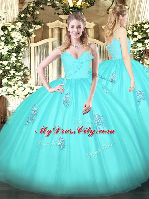 Sleeveless Zipper Floor Length Appliques Quince Ball Gowns