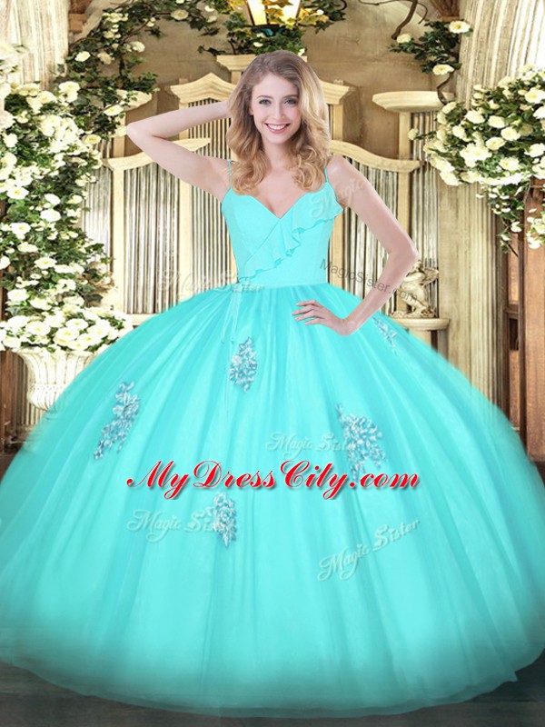 Sleeveless Zipper Floor Length Appliques Quince Ball Gowns