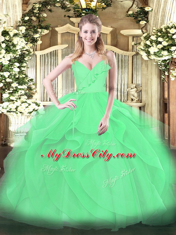 Customized Floor Length Green Sweet 16 Dress Tulle Sleeveless Ruffles and Ruching