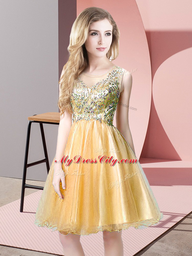 Beautiful Gold Homecoming Dress Prom and Party with Beading Scoop Sleeveless Zipper