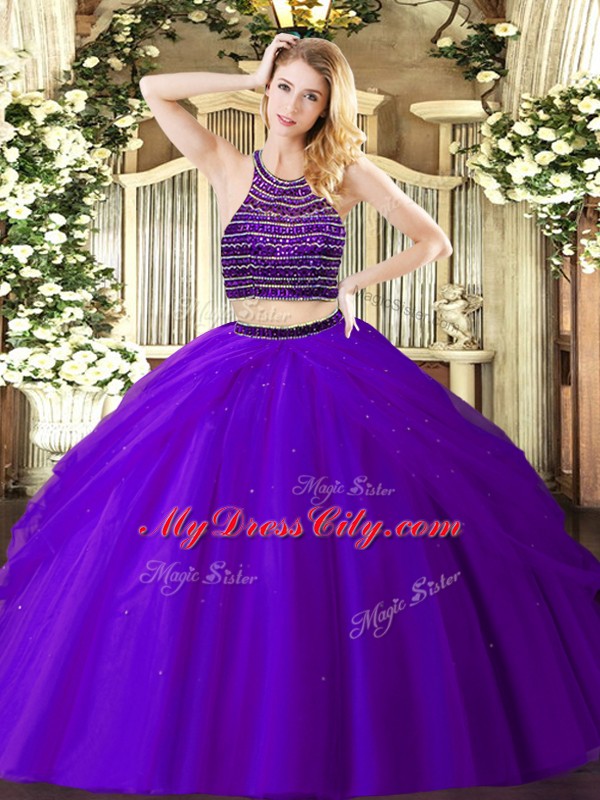 Dazzling Purple Halter Top Neckline Beading and Ruching Ball Gown Prom Dress Sleeveless Zipper