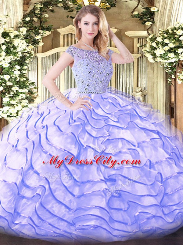 Lavender 15th Birthday Dress Tulle Sweep Train Sleeveless Beading and Ruffled Layers