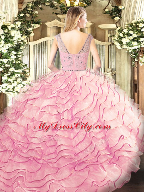 Lavender 15th Birthday Dress Tulle Sweep Train Sleeveless Beading and Ruffled Layers