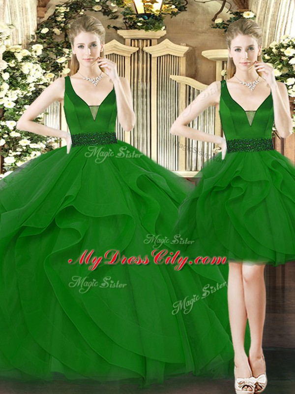 Green Sleeveless Beading and Ruffles Floor Length Sweet 16 Dress