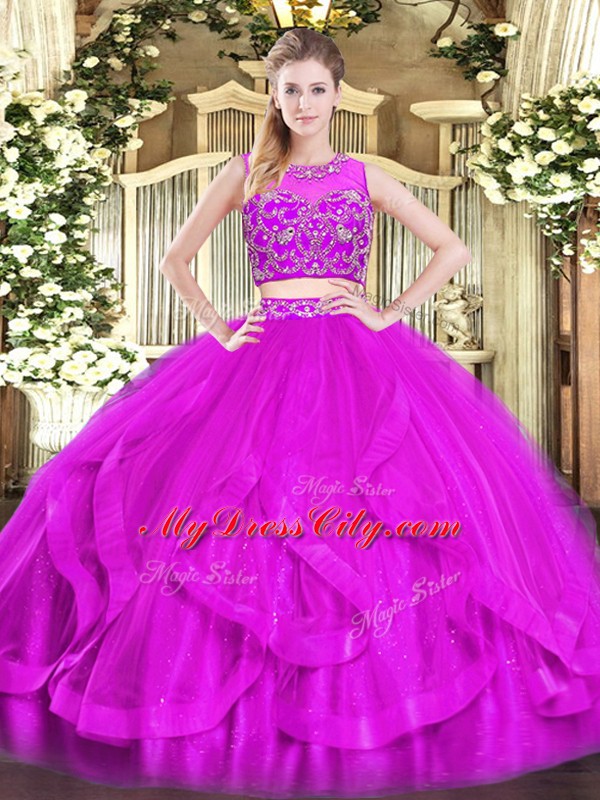 Custom Designed Floor Length Purple Ball Gown Prom Dress Tulle Sleeveless Beading and Ruffles