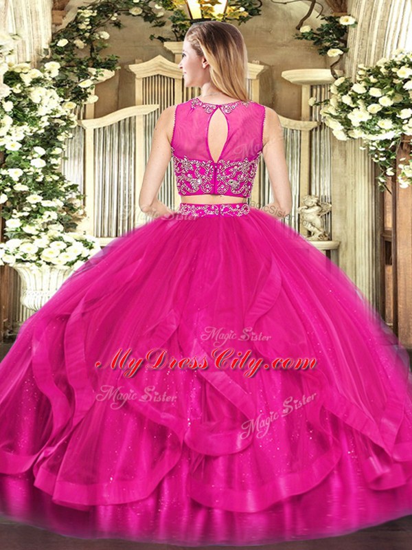 Custom Designed Floor Length Purple Ball Gown Prom Dress Tulle Sleeveless Beading and Ruffles