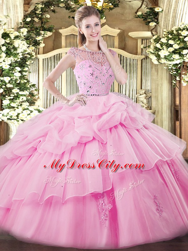 Rose Pink Sleeveless Floor Length Beading and Ruffles and Pick Ups Zipper Quinceanera Gown