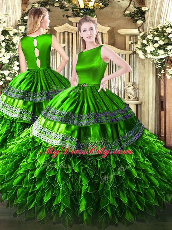 Decent Green Ball Gowns Ruffles Vestidos de Quinceanera Clasp Handle Satin and Organza Sleeveless Floor Length