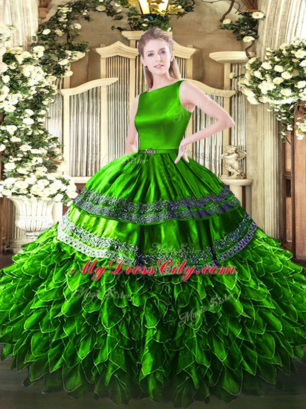 Decent Green Ball Gowns Ruffles Vestidos de Quinceanera Clasp Handle Satin and Organza Sleeveless Floor Length