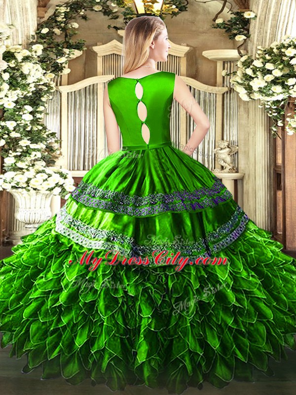 Decent Green Ball Gowns Ruffles Vestidos de Quinceanera Clasp Handle Satin and Organza Sleeveless Floor Length