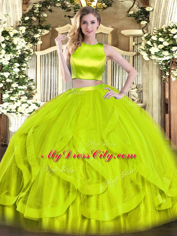 Affordable Yellow Green Two Pieces Tulle High-neck Sleeveless Ruffles Floor Length Criss Cross Sweet 16 Dresses