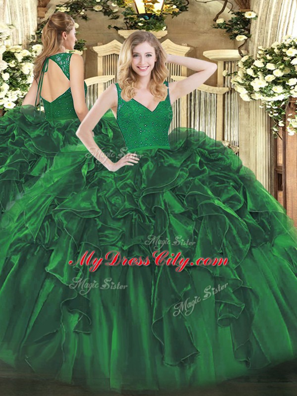 Dark Green Organza Backless V-neck Sleeveless Floor Length Quince Ball Gowns Beading and Lace and Ruffles