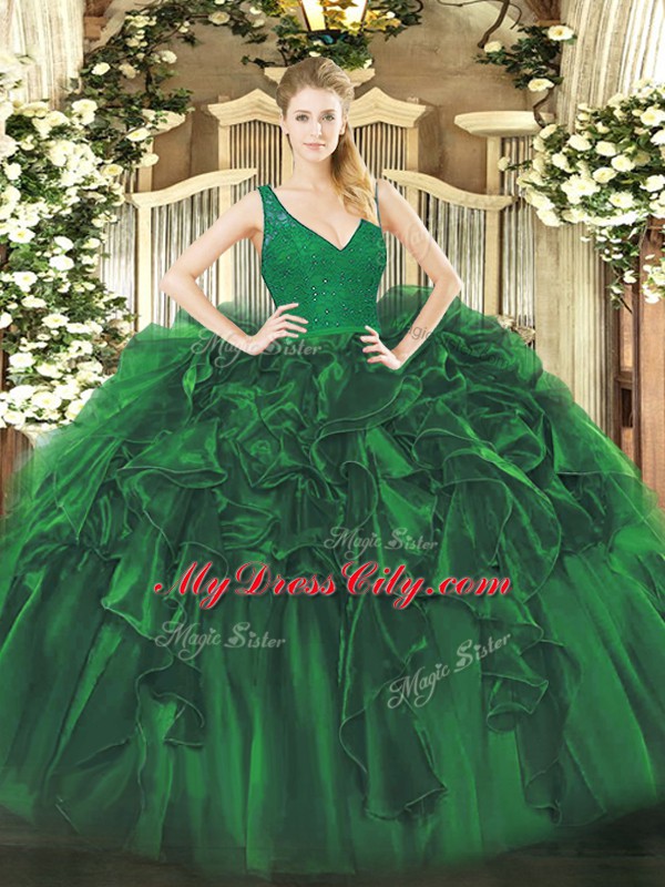 Dark Green Organza Backless V-neck Sleeveless Floor Length Quince Ball Gowns Beading and Lace and Ruffles