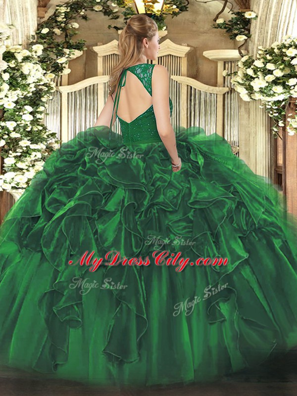 Dark Green Organza Backless V-neck Sleeveless Floor Length Quince Ball Gowns Beading and Lace and Ruffles