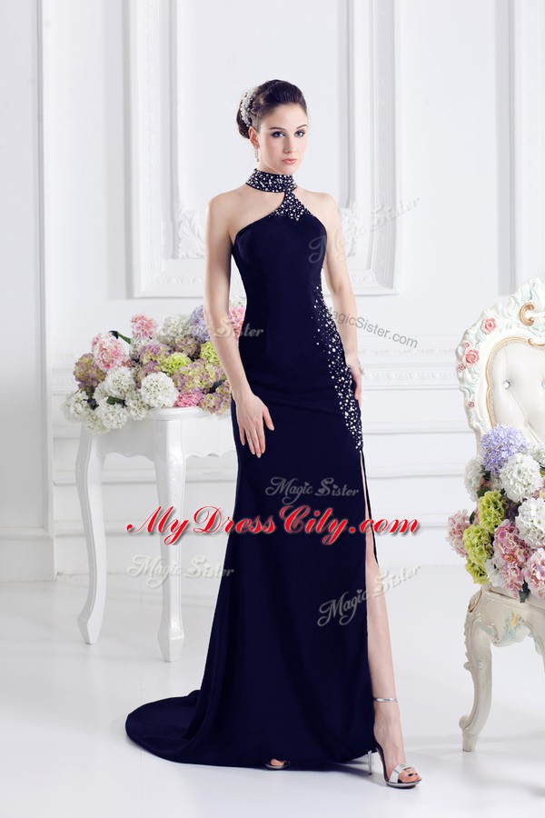 Free and Easy Navy Blue Lace Up Prom Gown Beading Sleeveless Sweep Train