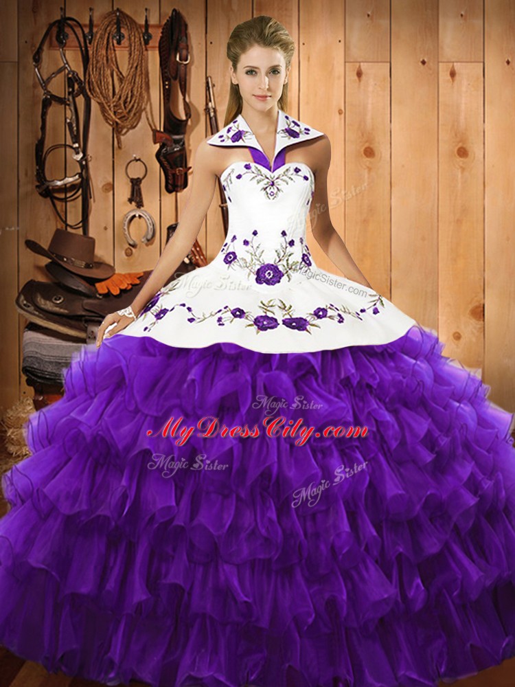 Sleeveless Floor Length Embroidery and Ruffled Layers Lace Up Sweet 16 Quinceanera Dress with Purple