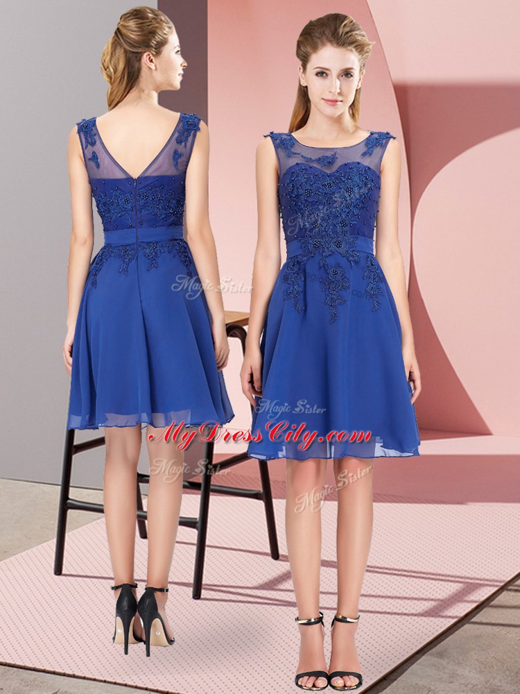 Blue Empire Appliques Wedding Guest Dresses Zipper Chiffon Sleeveless Knee Length