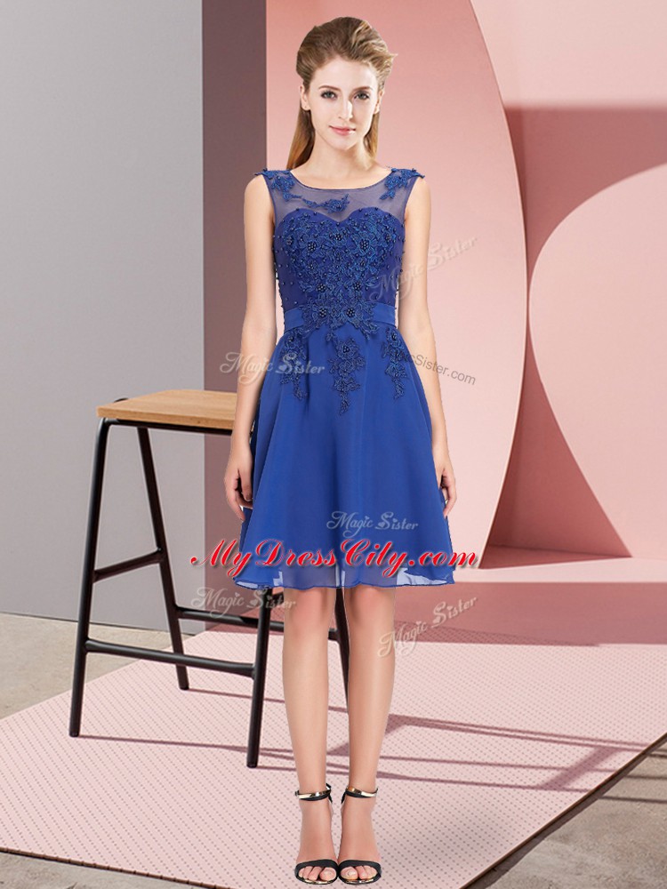 Blue Empire Appliques Wedding Guest Dresses Zipper Chiffon Sleeveless Knee Length