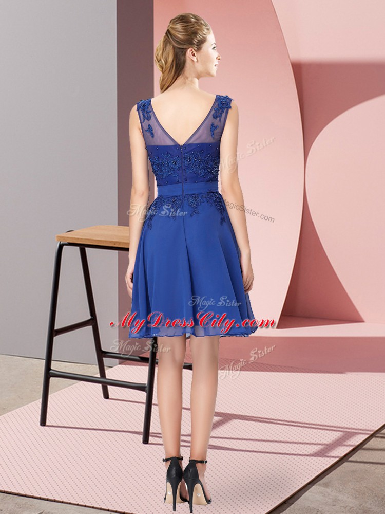 Blue Empire Appliques Wedding Guest Dresses Zipper Chiffon Sleeveless Knee Length