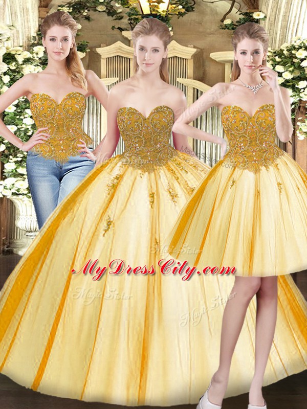 Low Price Sleeveless Floor Length Beading and Appliques Lace Up Sweet 16 Quinceanera Dress with Gold