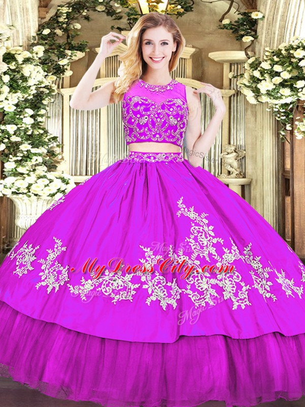 Fantastic Purple Two Pieces Beading and Appliques Sweet 16 Dress Zipper Tulle Sleeveless Floor Length