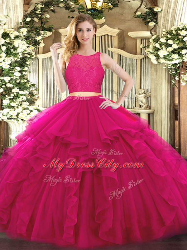 Pretty Scoop Sleeveless Zipper Quince Ball Gowns Fuchsia Tulle