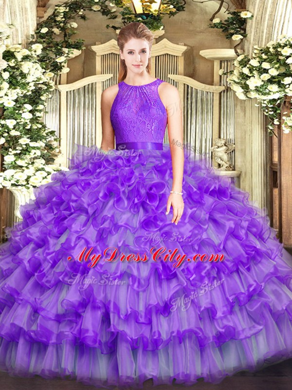 Eggplant Purple Sleeveless Organza Zipper Ball Gown Prom Dress for Military Ball and Sweet 16 and Quinceanera