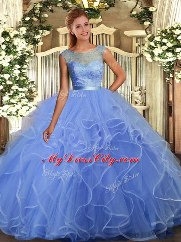 Floor Length Backless Sweet 16 Dress Blue for Military Ball and Sweet 16 and Quinceanera with Ruffles