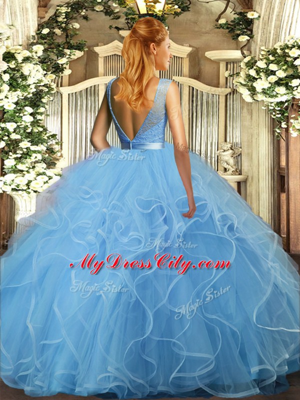 Floor Length Backless Sweet 16 Dress Blue for Military Ball and Sweet 16 and Quinceanera with Ruffles