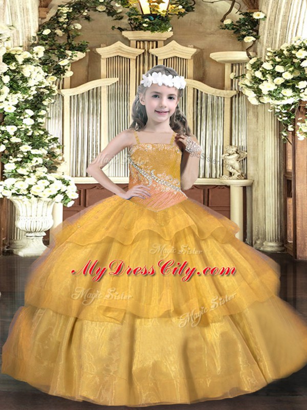 Superior Sleeveless Organza Floor Length Lace Up Kids Formal Wear in Gold with Beading and Ruffled Layers and Sequins