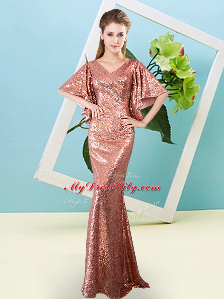 Hot Selling Sequined V-neck Half Sleeves Zipper Sequins Prom Party Dress in Rust Red