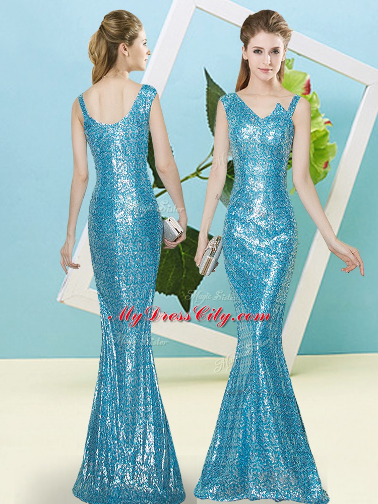 Baby Blue Zipper Evening Dress Sequins Sleeveless Floor Length