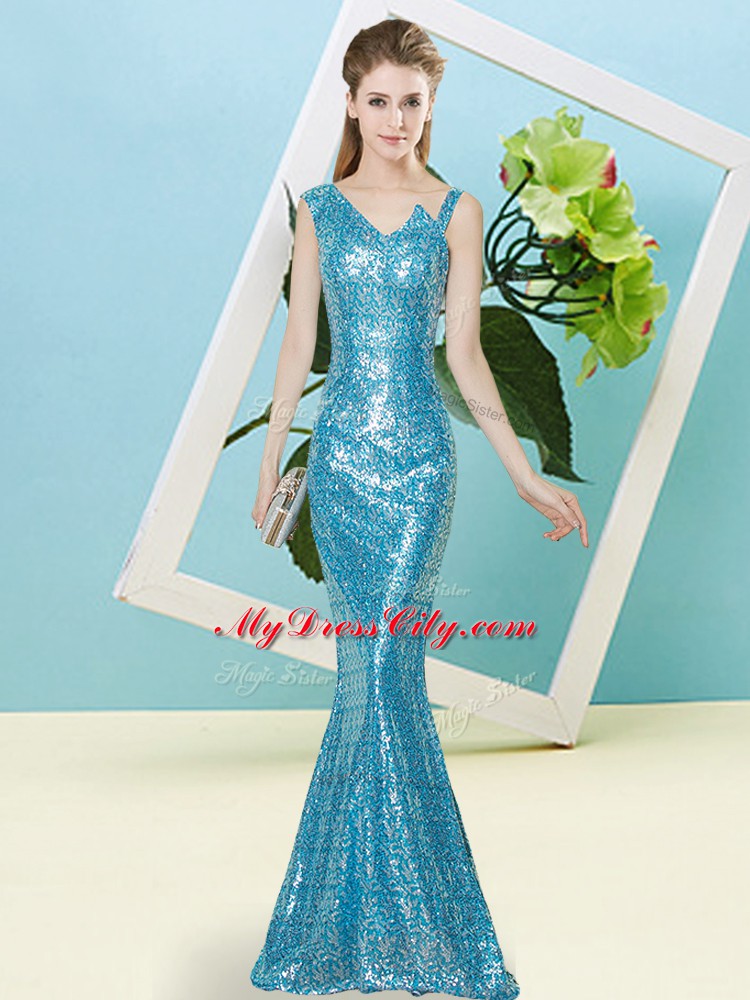 Baby Blue Zipper Evening Dress Sequins Sleeveless Floor Length