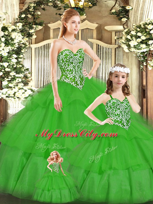 Eye-catching Sleeveless Floor Length Beading Lace Up Sweet 16 Dresses with Green